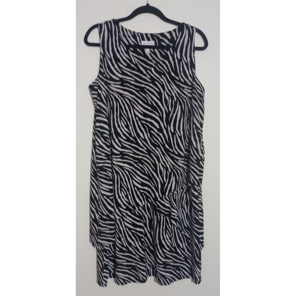 Susan Graver Zebra Print Sleeveless Asymmetrical Tiered Dress Black White M